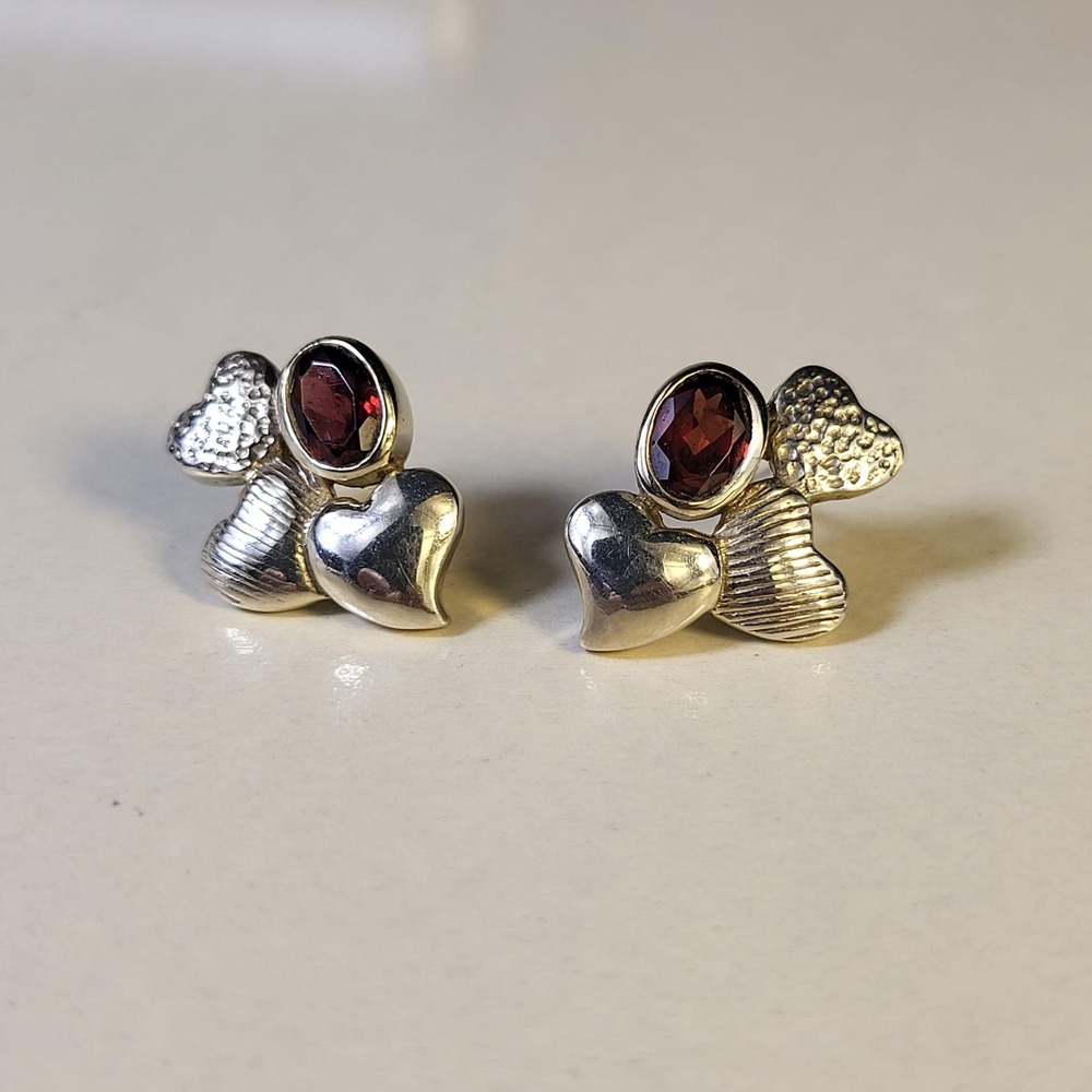 Vintage JTV Sterling Silver Garnet Heart Stud Earrings Small Red Multi Texture